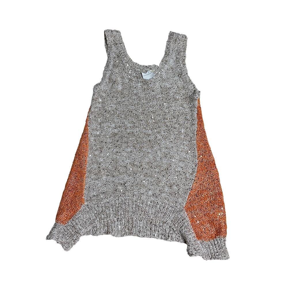 Women’s L ISSI Beige Knit Tank Orange Mesh Panels Summer Sleeveless Top NWOT
